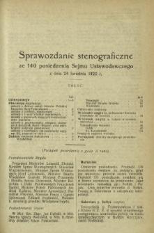 Sprawozdanie Stenograficzne z 140 Posiedzenia Sejmu Ustawodawczego z dnia 24 kwietnia 1920 r.