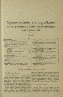 Sprawozdanie Stenograficzne z 141 Posiedzenia Sejmu Ustawodawczego z dnia 27 kwietnia 1920 r.