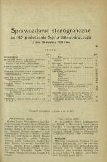 Sprawozdanie Stenograficzne z 143 Posiedzenia Sejmu Ustawodawczego z dnia 30 kwietnia 1920 r.