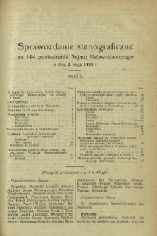 Sprawozdanie Stenograficzne z 144 Posiedzenia Sejmu Ustawodawczego z dnia 4 maja 1920 r.