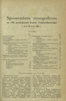 Sprawozdanie Stenograficzne z 148 Posiedzenia Sejmu Ustawodawczego z dnia 18 maja 1920 r.