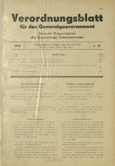 Verordnungsblatt für das Generalgouvernement = Dziennik Rozporządzeń dla Generalnego Gubernatorstwa. 1943, Nr. 51 (14. Juli)