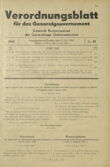 Verordnungsblatt für das Generalgouvernement = Dziennik Rozporządzeń dla Generalnego Gubernatorstwa. 1943, Nr. 52 (15. Juli)