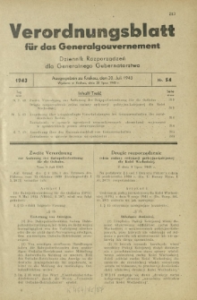 Verordnungsblatt für das Generalgouvernement = Dziennik Rozporządzeń dla Generalnego Gubernatorstwa. 1943, Nr. 54 (20. Juli)