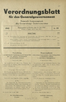 Verordnungsblatt für das Generalgouvernement = Dziennik Rozporządzeń dla Generalnego Gubernatorstwa. 1943, Nr. 55 (21. Juli)