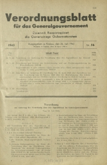 Verordnungsblatt für das Generalgouvernement = Dziennik Rozporządzeń dla Generalnego Gubernatorstwa. 1943, Nr. 56 (26. Juli)