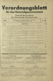 Verordnungsblatt für das Generalgouvernement = Dziennik Rozporządzeń dla Generalnego Gubernatorstwa. 1943, Nr. 58 (31. Juli)