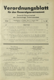 Verordnungsblatt für das Generalgouvernement = Dziennik Rozporządzeń dla Generalnego Gubernatorstwa. 1943, Nr. 63 (21. August)
