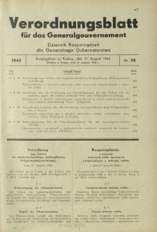 Verordnungsblatt für das Generalgouvernement = Dziennik Rozporządzeń dla Generalnego Gubernatorstwa. 1943, Nr. 70 (31. August)