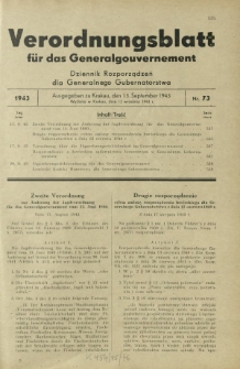 Verordnungsblatt für das Generalgouvernement = Dziennik Rozporządzeń dla Generalnego Gubernatorstwa. 1943, Nr. 73 (13. September)