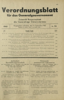 Verordnungsblatt für das Generalgouvernement = Dziennik Rozporządzeń dla Generalnego Gubernatorstwa. 1943, Nr. 74 (14. September)