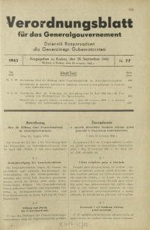 Verordnungsblatt für das Generalgouvernement = Dziennik Rozporządzeń dla Generalnego Gubernatorstwa. 1943, Nr. 77 (28. September)