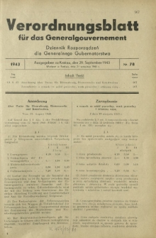 Verordnungsblatt für das Generalgouvernement = Dziennik Rozporządzeń dla Generalnego Gubernatorstwa. 1943, Nr. 78 (29. September)