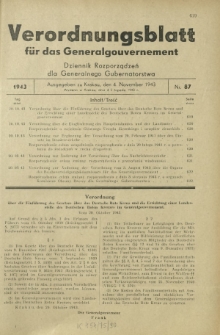 Verordnungsblatt für das Generalgouvernement = Dziennik Rozporządzeń dla Generalnego Gubernatorstwa. 1943, Nr. 87 (4. November)