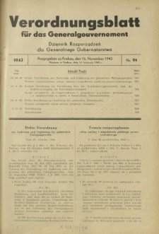 Verordnungsblatt für das Generalgouvernement = Dziennik Rozporządzeń dla Generalnego Gubernatorstwa. 1943, Nr. 91 (16. November)