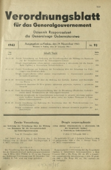 Verordnungsblatt für das Generalgouvernement = Dziennik Rozporządzeń dla Generalnego Gubernatorstwa. 1943, Nr. 92 (29. November)