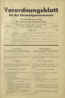 Verordnungsblatt für das Generalgouvernement = Dziennik Rozporządzeń dla Generalnego Gubernatorstwa. 1943, Nr. 95 (11. Dezember)