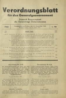 Verordnungsblatt für das Generalgouvernement = Dziennik Rozporządzeń dla Generalnego Gubernatorstwa. 1943, Nr. 98 (23. Dezember)
