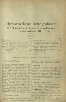 Sprawozdanie Stenograficzne z 171 Posiedzenia Sejmu Ustawodawczego z dnia 8 października 1920 r.