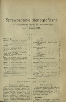Sprawozdanie Stenograficzne z 181 Posiedzenia Sejmu Ustawodawczego z dnia 4 listopada 1920 r.