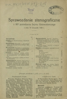 Sprawozdanie Stenograficzne z 187 Posiedzenia Sejmu Ustawodawczego z dnia 19 listopada 1920 r.