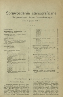 Sprawozdanie Stenograficzne z194 Posiedzenia Sejmu Ustawodawczego z dnia 9 grudnia 1920 r.