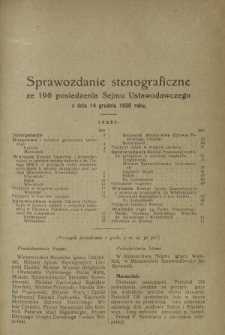 Sprawozdanie Stenograficzne z 196 Posiedzenia Sejmu Ustawodawczego z dnia 14 grudnia 1920 r.