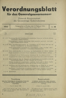 Verordnungsblatt für das Generalgouvernement = Dziennik Rozporządzeń dla Generalnego Gubernatorstwa. 1942, Nr. 14 (12. Februar)