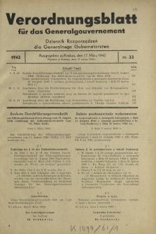 Verordnungsblatt für das Generalgouvernement = Dziennik Rozporządzeń dla Generalnego Gubernatorstwa. 1942, Nr. 22 (17. März)