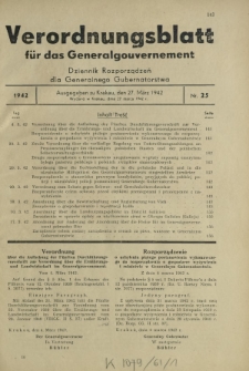Verordnungsblatt für das Generalgouvernement = Dziennik Rozporządzeń dla Generalnego Gubernatorstwa. 1942, Nr. 25 (27. März)
