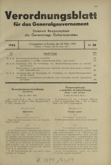 Verordnungsblatt für das Generalgouvernement = Dziennik Rozporządzeń dla Generalnego Gubernatorstwa. 1942, Nr. 26 (28. März)