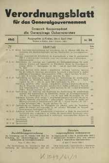 Verordnungsblatt für das Generalgouvernement = Dziennik Rozporządzeń dla Generalnego Gubernatorstwa. 1942, Nr. 28 (4. April)