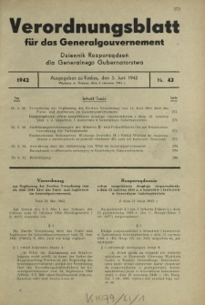 Verordnungsblatt für das Generalgouvernement = Dziennik Rozporządzeń dla Generalnego Gubernatorstwa. 1942, Nr. 43 (3. Juni)