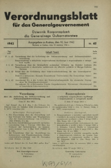 Verordnungsblatt für das Generalgouvernement = Dziennik Rozporządzeń dla Generalnego Gubernatorstwa. 1942, Nr. 45 (10. Juni)