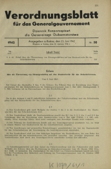 Verordnungsblatt für das Generalgouvernement = Dziennik Rozporządzeń dla Generalnego Gubernatorstwa. 1942, Nr. 50 (23. Juni)