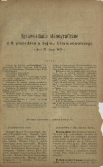 Sprawozdanie Stenograficzne z 8 Posiedzenia Sejmu Ustawodawczego z dnia 27 lutego 1919 r.
