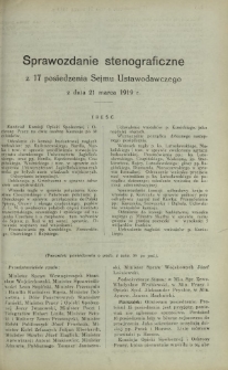 Sprawozdanie Stenograficzne z 17 Posiedzenia Sejmu Ustawodawczego z dnia 21 marca 1919 r.