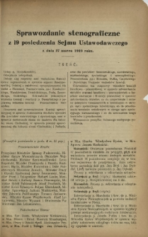 Sprawozdanie Stenograficzne z 19 Posiedzenia Sejmu Ustawodawczego z dnia 27 marca 1919 r.
