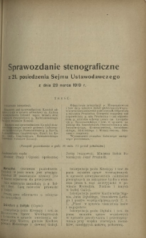 Sprawozdanie Stenograficzne z 21 Posiedzenia Sejmu Ustawodawczego z dnia 29 marca 1919 r.