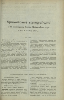 Sprawozdanie Stenograficzne z 26 Posiedzenia Sejmu Ustawodawczego z dnia 5 kwietnia 1919 r.