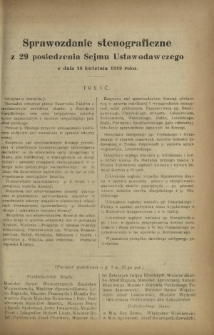 Sprawozdanie Stenograficzne z 29 Posiedzenia Sejmu Ustawodawczego z dnia 10 kwietnia 1919 r.