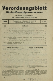 Verordnungsblatt für das Generalgouvernement = Dziennik Rozporządzeń dla Generalnego Gubernatorstwa. 1942, Nr. 53 (27. Juni)