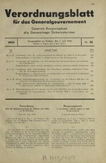 Verordnungsblatt für das Generalgouvernement = Dziennik Rozporządzeń dla Generalnego Gubernatorstwa. 1942, Nr. 56 (3. Juli)