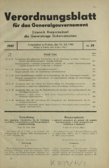 Verordnungsblatt für das Generalgouvernement = Dziennik Rozporządzeń dla Generalnego Gubernatorstwa. 1942, Nr. 59 (15. Juli)