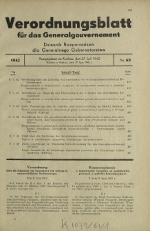 Verordnungsblatt für das Generalgouvernement = Dziennik Rozporządzeń dla Generalnego Gubernatorstwa. 1942, Nr. 60 (27. Juli)