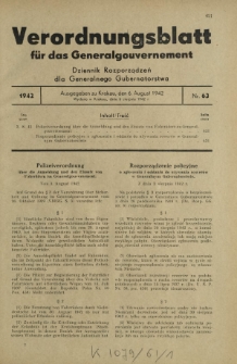 Verordnungsblatt für das Generalgouvernement = Dziennik Rozporządzeń dla Generalnego Gubernatorstwa. 1942, Nr. 63 (6. August)