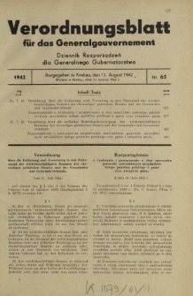 Verordnungsblatt für das Generalgouvernement = Dziennik Rozporządzeń dla Generalnego Gubernatorstwa. 1942, Nr. 65 (13. August)