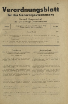 Verordnungsblatt für das Generalgouvernement = Dziennik Rozporządzeń dla Generalnego Gubernatorstwa. 1942, Nr. 66 (14. August)