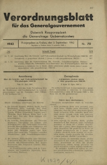 Verordnungsblatt für das Generalgouvernement = Dziennik Rozporządzeń dla Generalnego Gubernatorstwa. 1942, Nr. 70 (3. September)