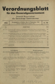 Verordnungsblatt für das Generalgouvernement = Dziennik Rozporządzeń dla Generalnego Gubernatorstwa. 1942, Nr. 72 (10. September)